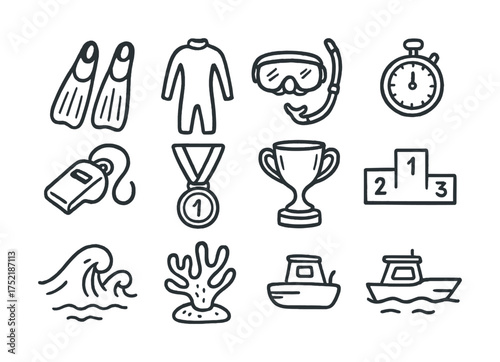 Vector Diving gear and marine icons: snorkel, flippers, boats, trophy, coral, waves