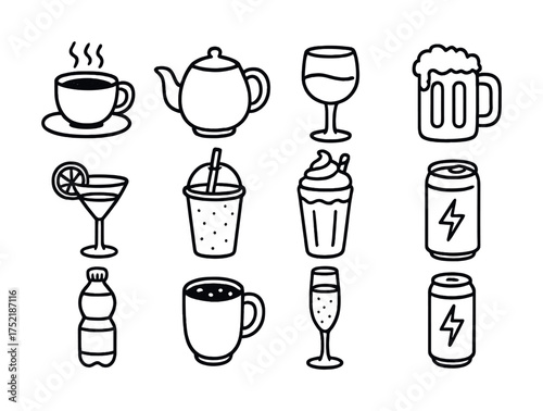 Vector Assorted beverage icons set featuring coffee, tea, wine, beer, and soft drinks