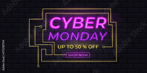 Neon Cyber Monday Sale Banner with Glowing Frame and Brick Wall Background.