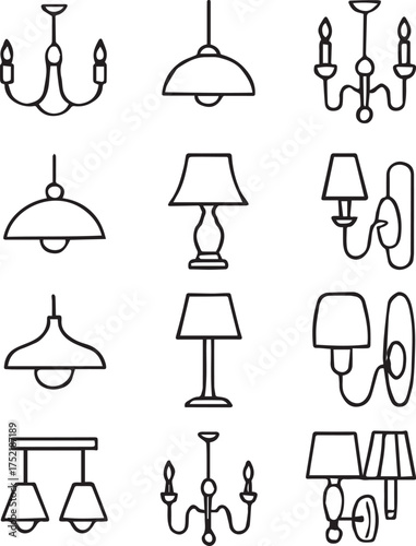 Lighting fixture icon set in black line style with chandeliers, lamps, and sconces for interior design and architectural themes