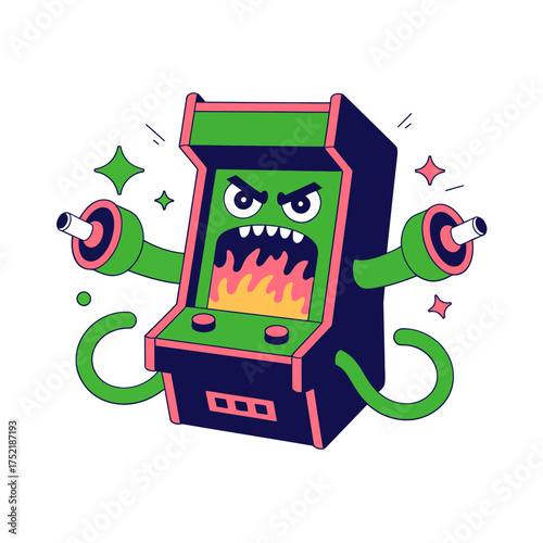 Angry clawed arcade cabinet, neon highlights, dynamic perspective, tentacle cords whipping, classic video game villain, bold vector design
