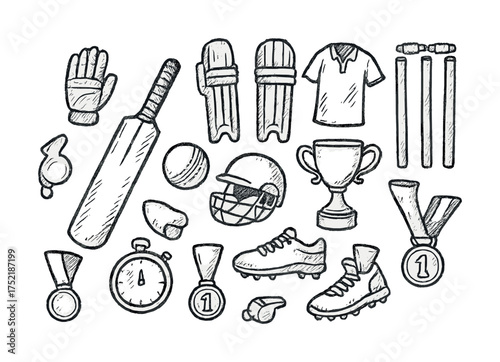 Vector Hand-drawn cricket equipment and trophy collection with medals and stopwatch