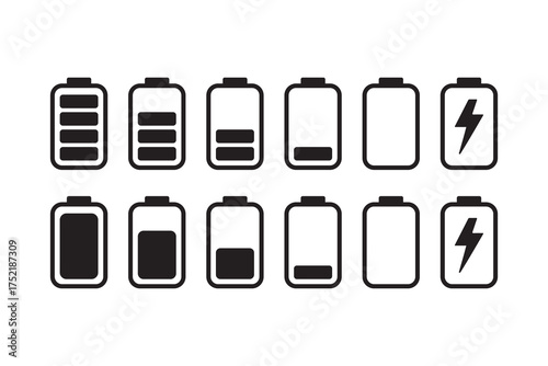 Battery Level Icons Showing Full Charge to Empty and Power Status