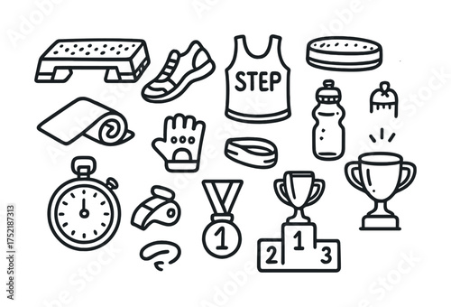 Vector Fitness icons set featuring trophies, stopwatch, step, medal, and gear