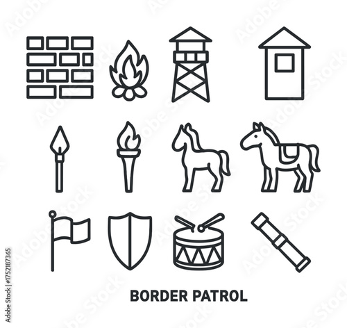 Vector Border patrol icons: wall, fire, watchtower, shelter, weapons, signal, transport, defense
