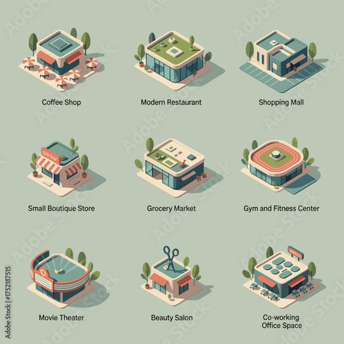 Isometric set of modern city buildings icons including coffee shop, restaurant, mall, grocery, gym, boutique, theater, beauty salon and co-working office space