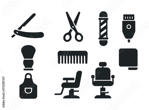 Vector Classic barber tools collection: scissors, razor, chair, comb, and more