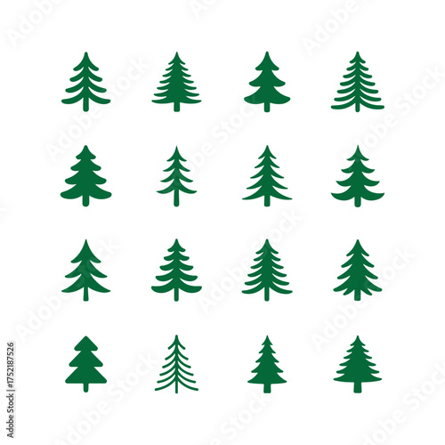Festive Evergreen Tree Collection Twelve Different Green Conifer Illustrations on a White Background