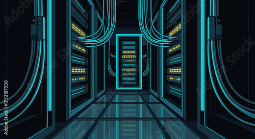 Modern server room with glowing lights and glass floor, ideal for technology, data center and futuristic concepts, conveys innovation and digital infrastructure