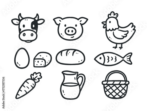 Vector Farm animals and produce icons featuring cow, pig, chicken, egg, cheese, bread, fish, carrot, milk jug, and basket