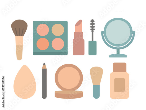 Vector Makeup essentials: brushes, lipstick, mirror, eye shadow, sponge, foundation, pencil