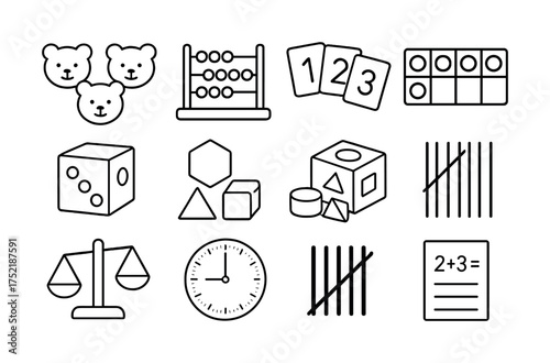 Vector Educational math tools illustration featuring bears, abacus, shapes, dice, and more