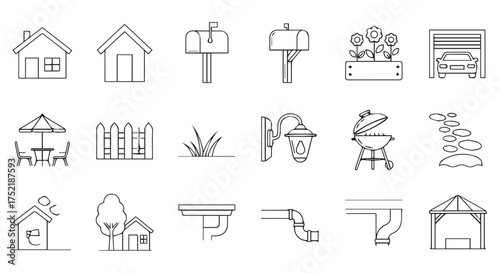 Collection of line art icons representing outdoor home and garden elements, isolated on transparent background