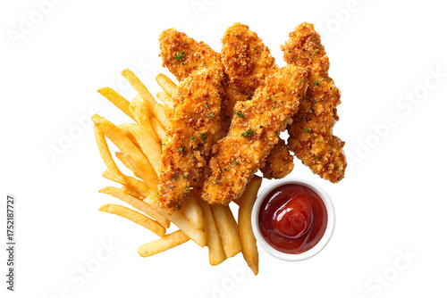 Crispy chicken fingers and fries with ketchup isolated on transparent background