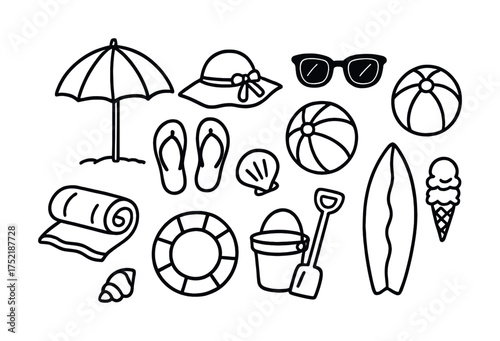 Vector Beach essentials icons: umbrella, hat, sunglasses, flip-flops, beach ball