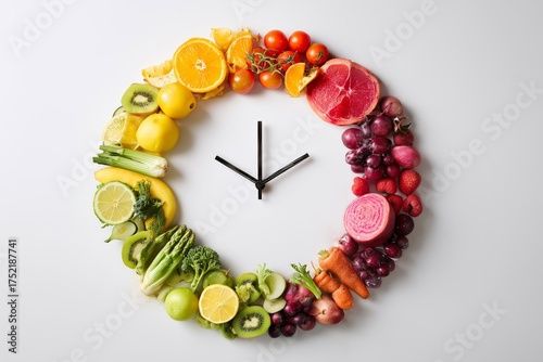 Clock made of colorful fruits and vegetables on white background.