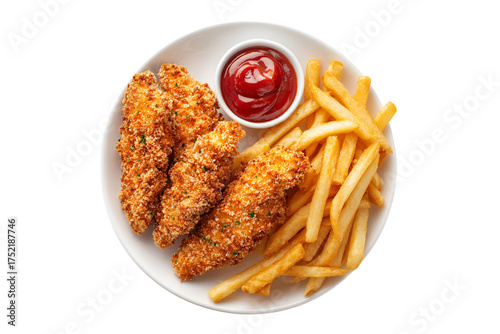 Crispy chicken strips and french fries with ketchup isolated on transparent background