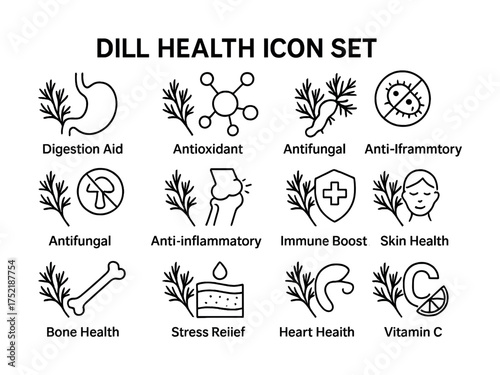 Vector Dill health icon set: digestion aid, antioxidant, immune boost, stress relief, heart health