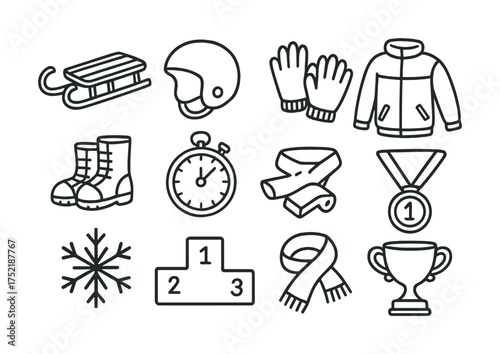 Vector Winter sports icons: sled, helmet, gloves, jacket, boots, timer, medal, trophy