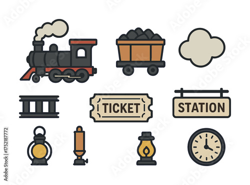 Vector Vintage train icons set with locomotive, coal car, ticket, station sign, and lanterns