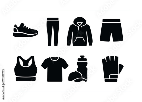 Vector Silhouette icons of sportswear and accessories including shoes, apparel, and gear