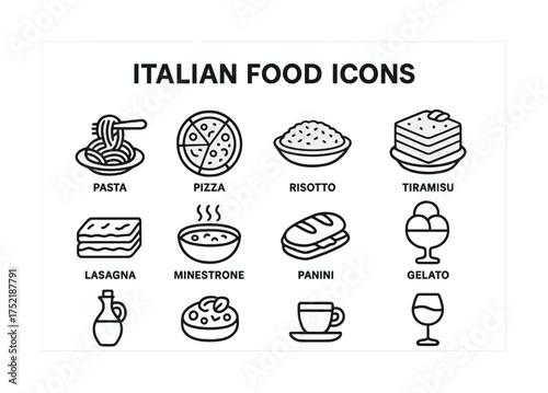 Vector Italian food icons: pasta, pizza, risotto, tiramisu, lasagna, minestrone, panini, gelato