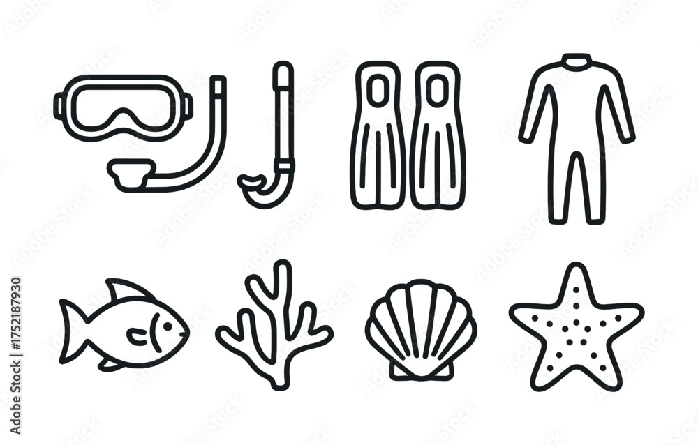 Naklejka premium Vector Diving gear and marine life icons: mask, snorkel, fins, wetsuit, fish, coral, shell, starfish