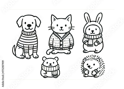 Vector Cute animals in sweaters and scarves - dog, cat, bunny, bear, hedgehog