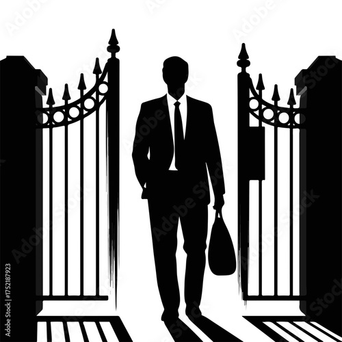 Businessman Walking Through a Gate with Briefcase for Corporate Blogs, Professional Websites, Career Articles, and Networking Content