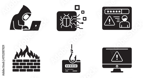 Cybersecurity icons depicting hacker, bug, firewall, phishing, and computer security threats isolated on transparent background