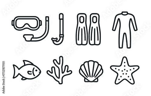 Vector Diving gear and marine life icons: mask, snorkel, fins, wetsuit, fish, coral, shell, starfish
