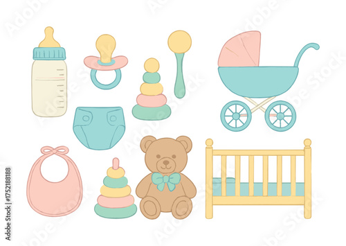 Vector Cute baby items: bottle, pacifier, stroller, crib and toys in pastel colors