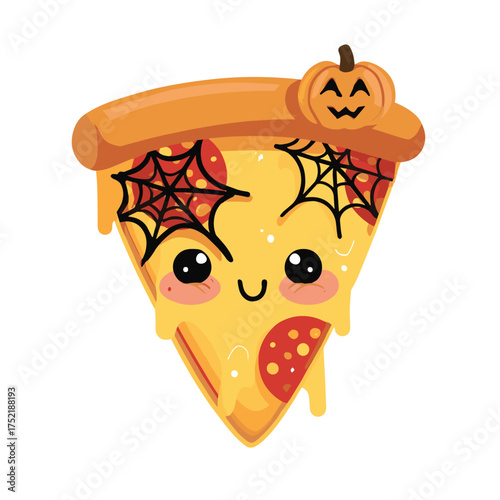 Halloween pizza slice with jack-o-lantern pepperoni and spiderweb cheese