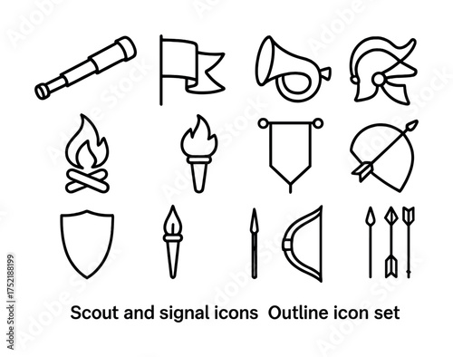 Vector Scout and signal icons: outline set featuring flags, bugle, and shield