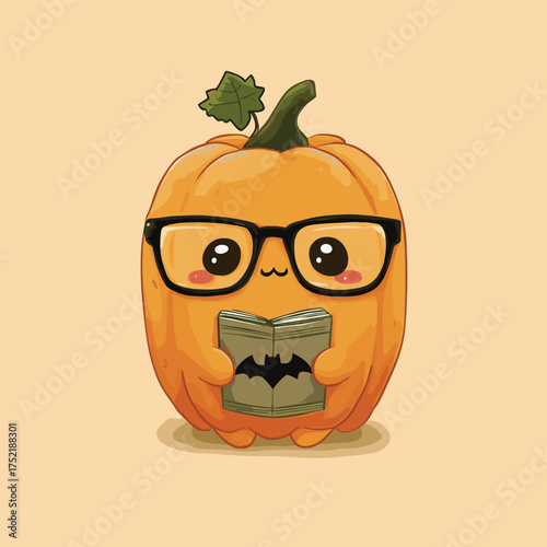 kawaii jack-o-lantern with glasses and shy expression, holding tiny book with bat on cover