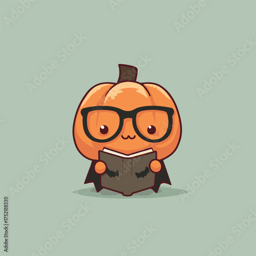 kawaii jack-o-lantern with glasses and shy expression, holding tiny book with bat on cover