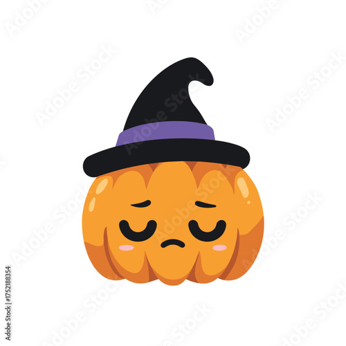 kawaii jack-o-lantern with sleepy expression and mini witch hat
