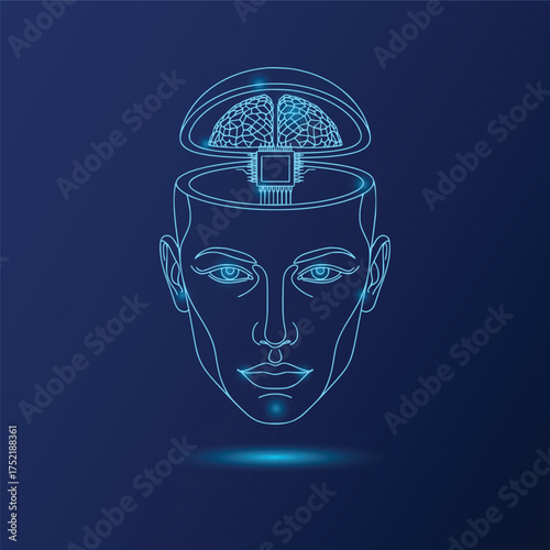 Artificial Intelligence Human Head Brain Chip Processor Dark Blue Background Vector Illustration
