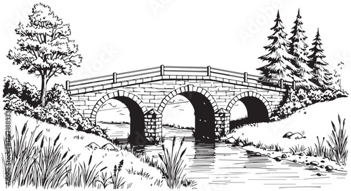Stone arch bridge crossing a calm river surrounded by lush greenery and trees isolated on transparent background