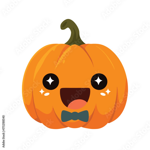 kawaii jack-o-lantern with wide open happy mouth and sparkling eyes, little bow tie under the stem