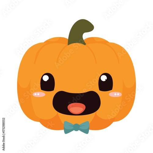 kawaii jack-o-lantern with wide open happy mouth and sparkling eyes, little bow tie under the stem