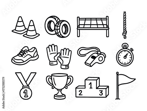 Vector Sports training equipment icons: cones, shoes, stopwatch, medal, trophy