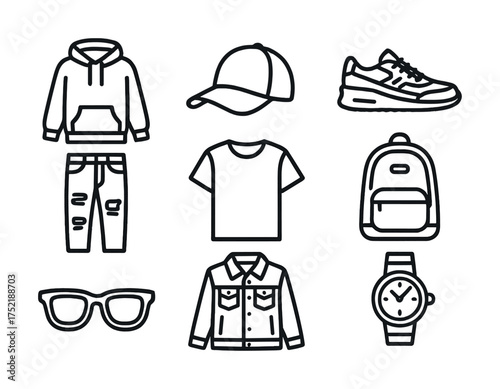 Vector Casual apparel icons: hoodie, cap, sneakers, jeans, t-shirt, backpack, sunglasses, watch