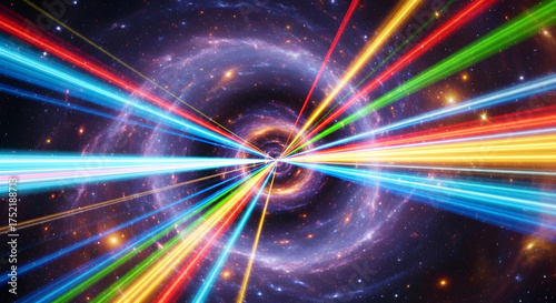 Abstract digital art depicting a colorful vortex of light beams emanating from a central point, creating a sense of cosmic energy and movement