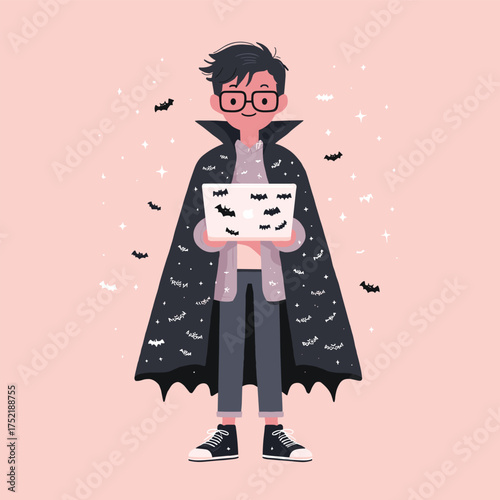 kawaii male coder in vampire costume with small cape, holding laptop covered in bat stickers, smiling face