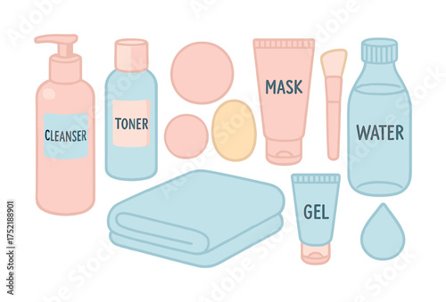 Vector Skincare essentials: cleanser, toner, mask, gel, water, towel, pads