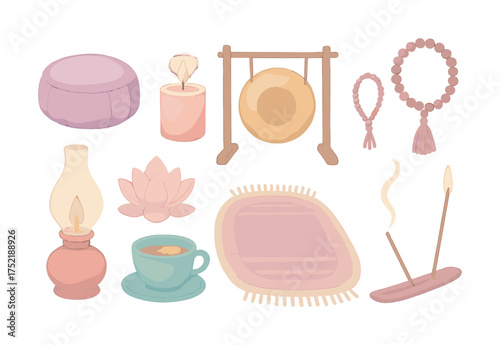Vector Serene meditation set with cushion, gong, candle, and incense
