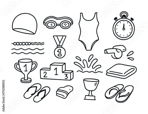 Vector Swimming equipment and icons: goggles, swimsuit, timer, medal, podium, water splash, trophy, flip-flops