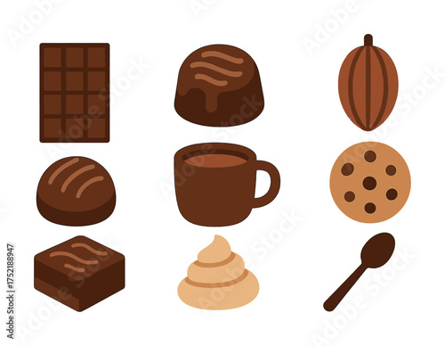Vector Assorted chocolate treats and hot cocoa elements on white background