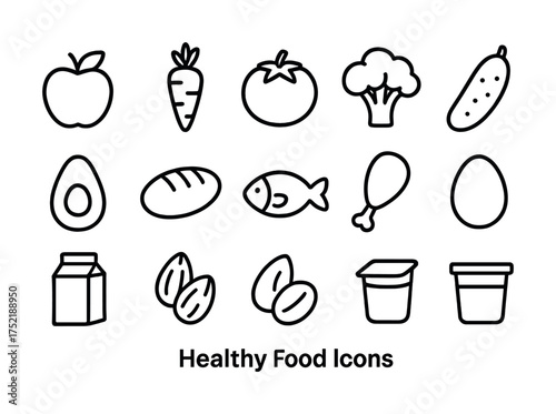 Vector Icons of various healthy foods including fruits, vegetables, and dairy products